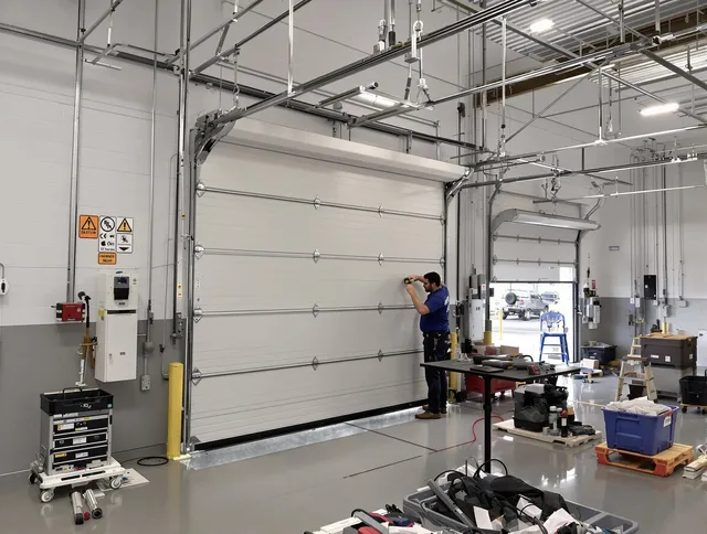 Commercial garage door repair being performed by Boynton Beach Garage Door Repair expert in Boynton Beach