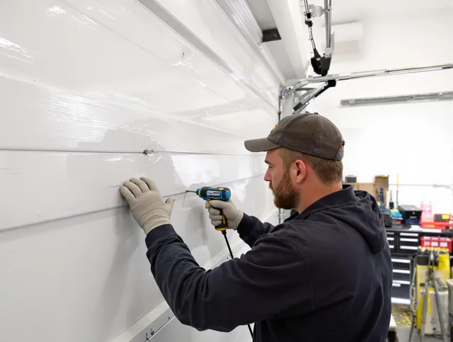 Boynton Beach Garage Door Repair technician demonstrating precision dent removal techniques on a Boynton Beach garage door