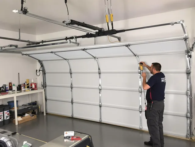 Boynton Beach Garage Door Repair certified technician performing overhead door system repair in Boynton Beach