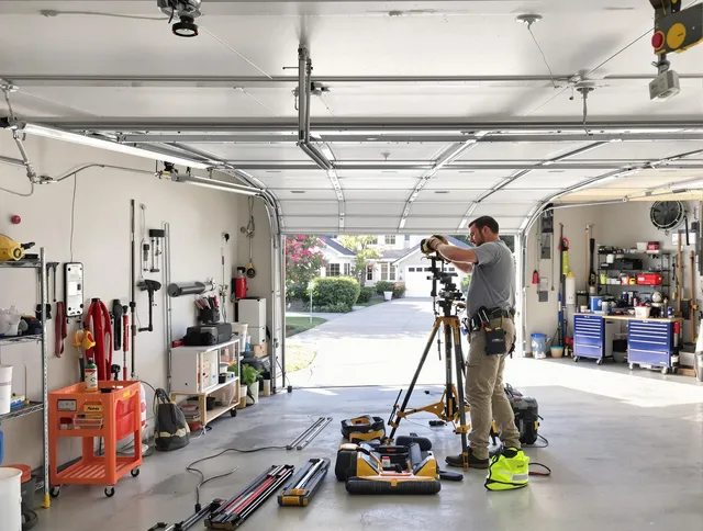Boynton Beach Garage Door Repair specialist performing laser-guided track alignment in Boynton Beach